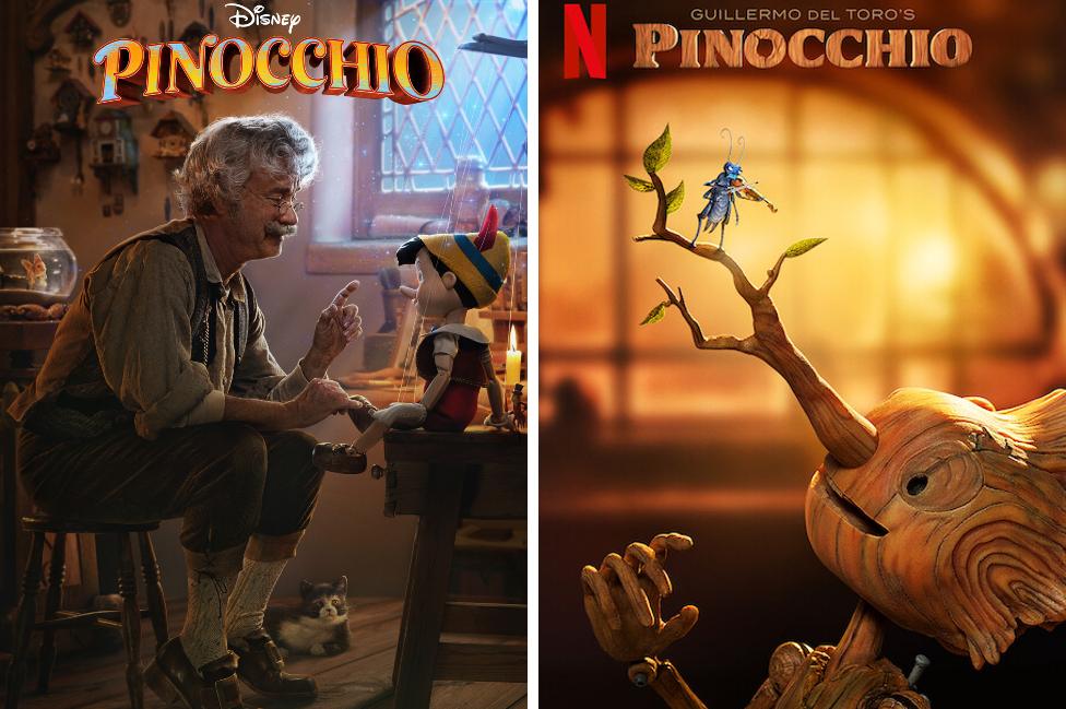 Film posters for the two version of Pinocchio from Netflix and Disney