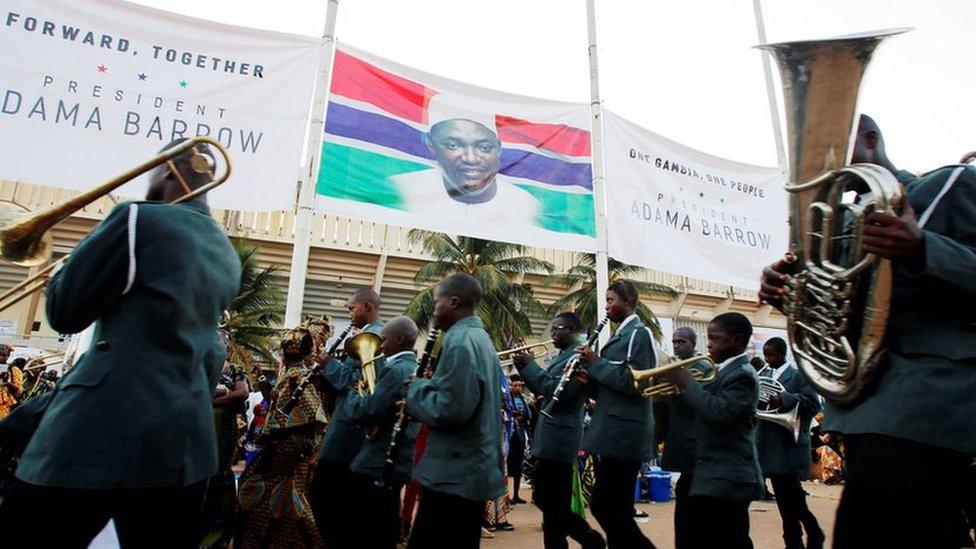 Supporters of Gambian President Adama Barrow arrive for his swearing-in ceremony at Independence Stadium