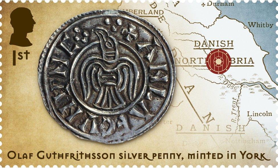 A stamp featuring an image of a silver penny minted in York