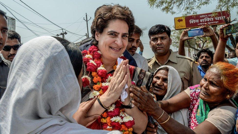 Congress Party's Priyanka Gandhi campaigns on the road for for India National Congress on March 29, 2019 in Utter Pradesh, India.