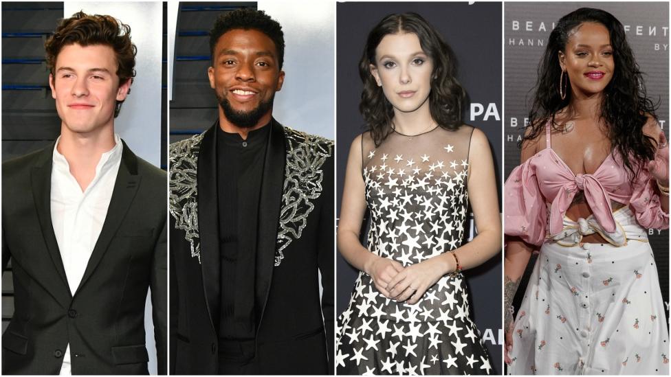 Image shows Shawn Mendes, Chadwick Boseman, Millie Bobby Brown and Rihanna.