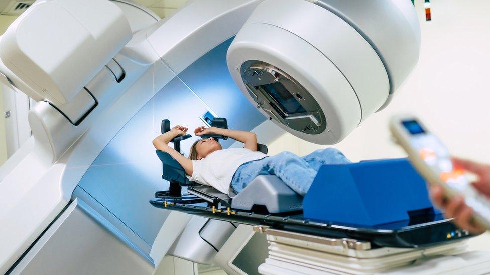 Woman Receiving Radiation Therapy Treatments for Cancer