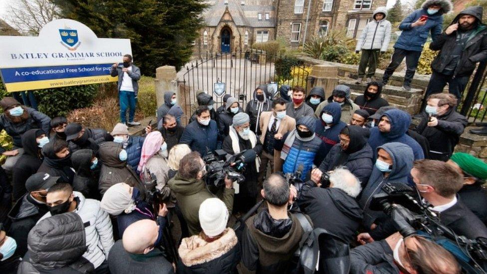 Protest and media outside school