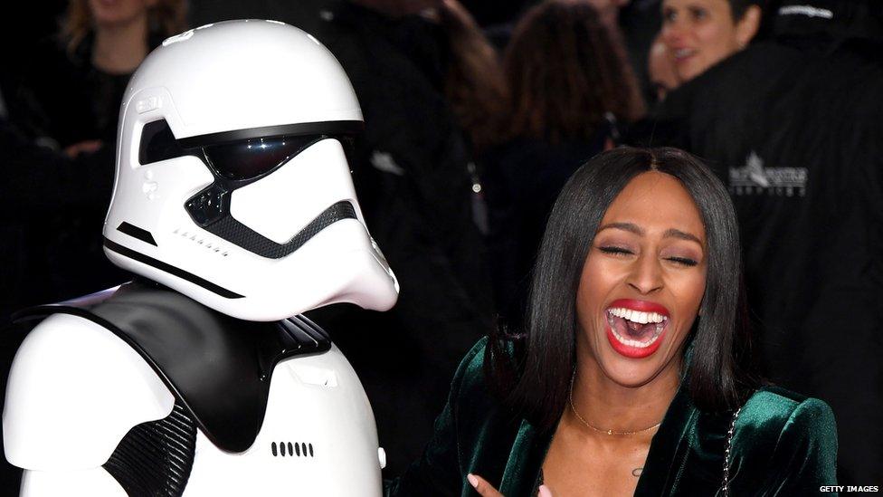 Alexandra Burke having a laugh with a stormtrooper