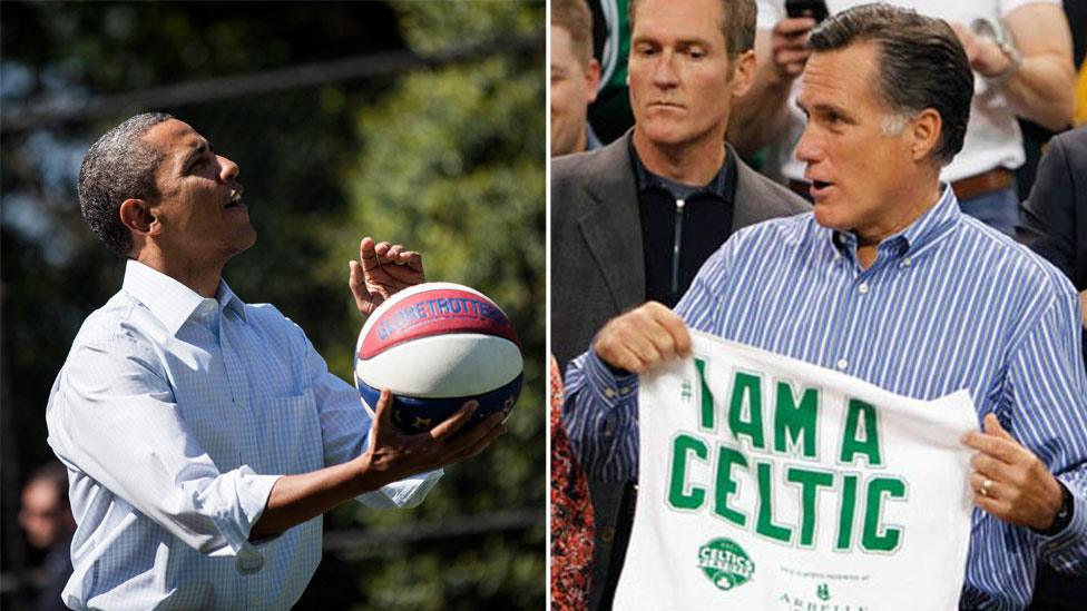 President Barack Obama plays basketball (l), Mitt Romney receives a Boston Celtics jersey (r)