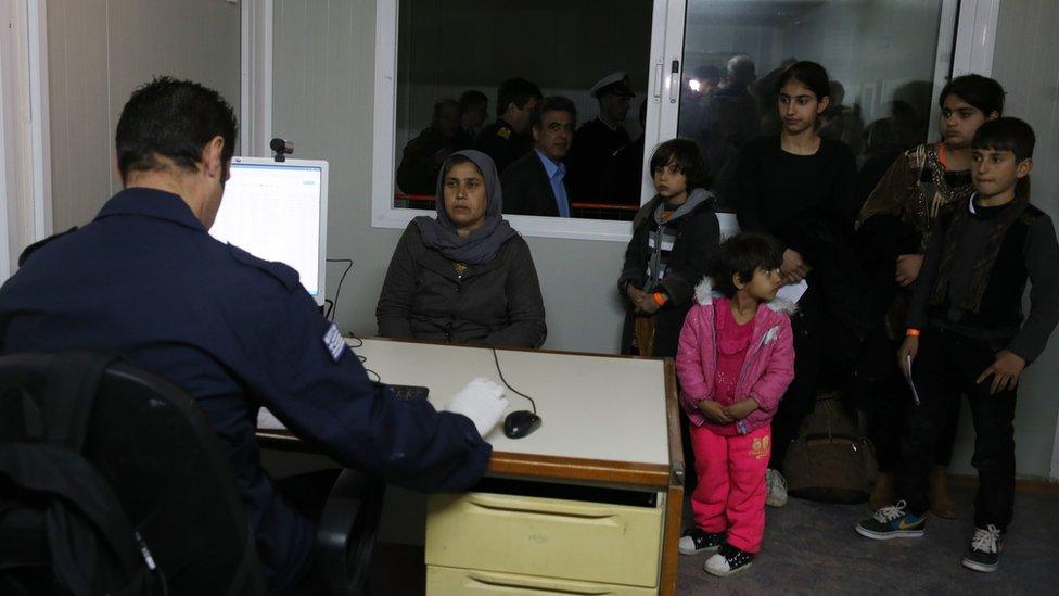 Greek registration of migrants at hotspot on Chios, 16 Feb 15