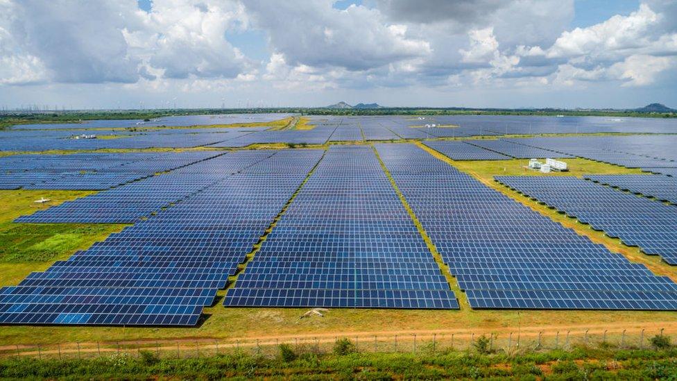 An aerial view of the Pavagada Solar Park on October 10, 2021 in Thirumani village, Karnataka, India.