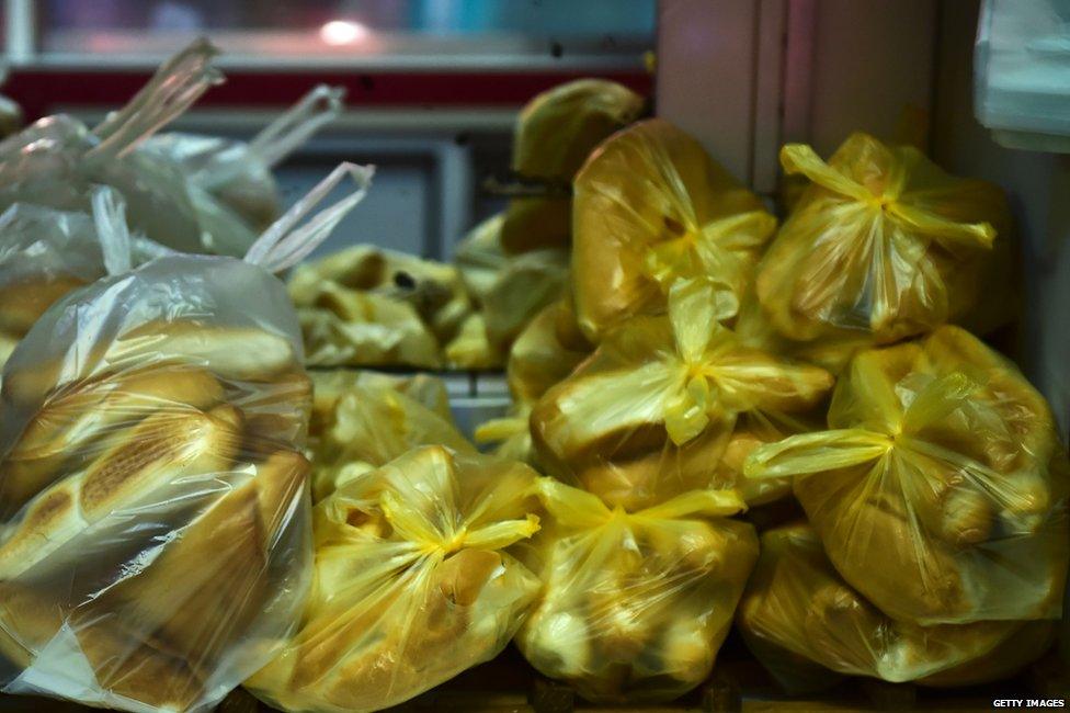 Bags of bread in a Caracas bakery