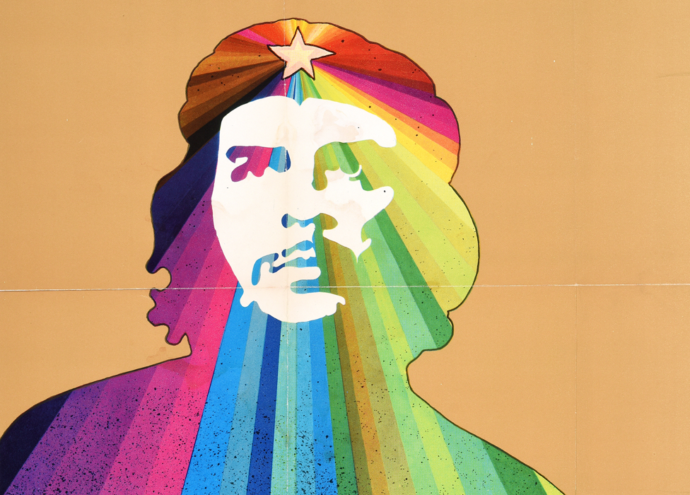 An Ospaaal poster entitled Che Guevara, 1969, showing his face over a rainbow design