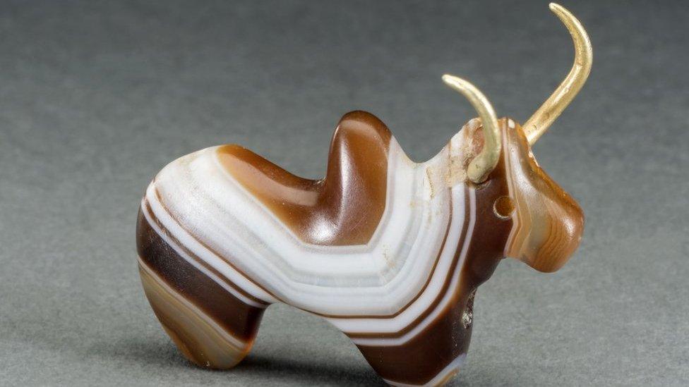 Humped bull with gold horns, Banded agate and gold, Harappan period, About 1800 BC, Pur village, Bhiwani Khera, Haryana, India