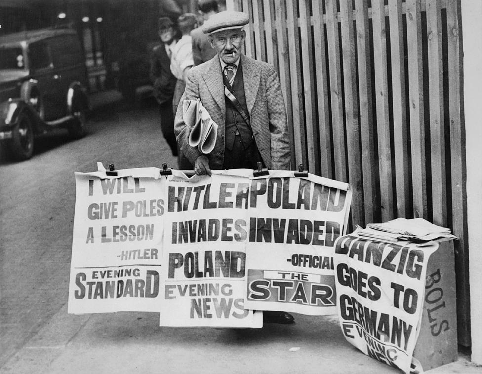 Evening newspapers announce Germany's invasion of Poland, September 1939