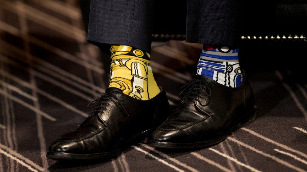 Canada's PM Justin Trudeau wears Star Wars-themed socks as he meets with his Irish counterpart, Taoiseach Enda Kenny, during a visit to Montreal, 4 May 2017