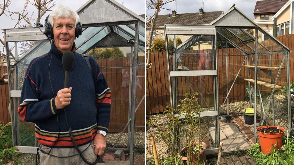 Terry with headphones and radio mic looking around his restored greenhouse