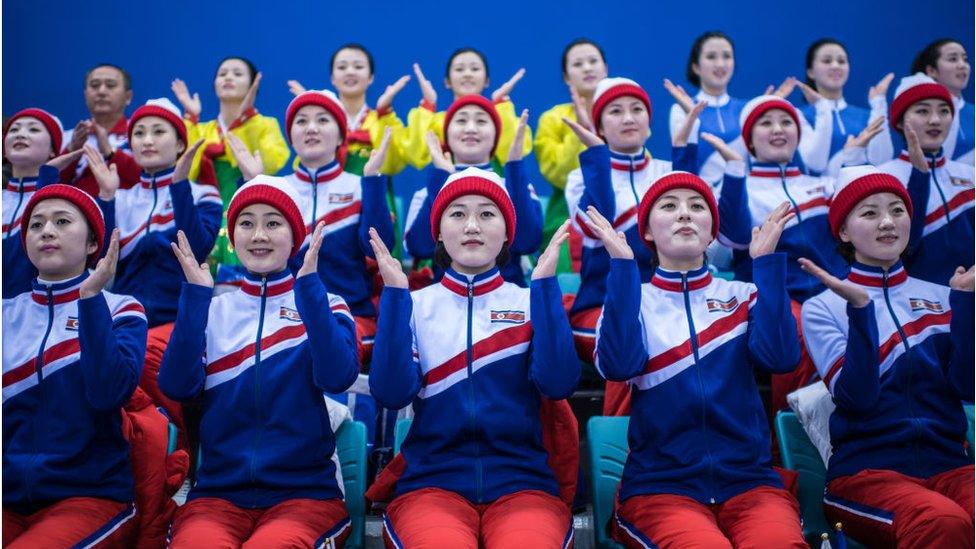 North Korean cheerleaders at the Japan-Korea hockey game.