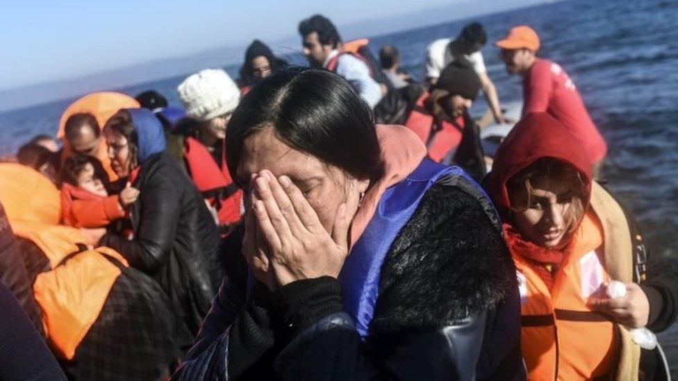 Migrants arrive on a boat to Greece's island of Lesbos. Photo: 13 November 2015