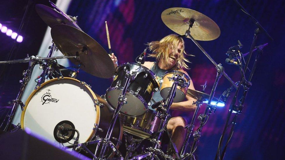 Taylor Hawkins of Foo Fighters performing on the Main Stage for Radio 1's Big Weekend in 2015