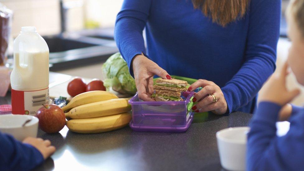 an adult packs a lunch box for her children with sandwiches and fruit