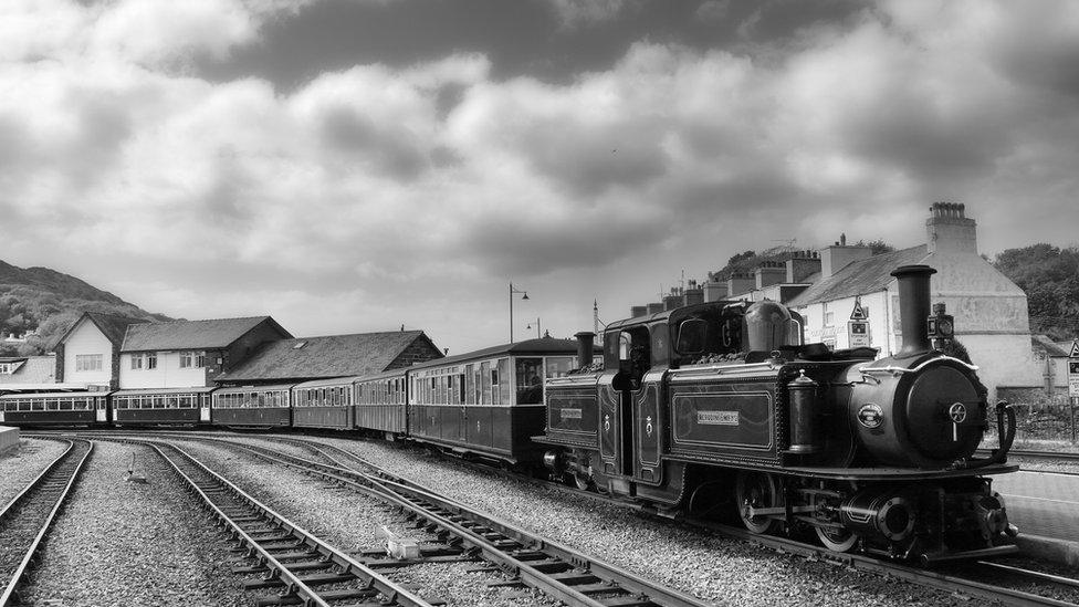 The Double Fairlie locomotive Merddin Emrys awaits to depart Harbour Station in Porthmadog