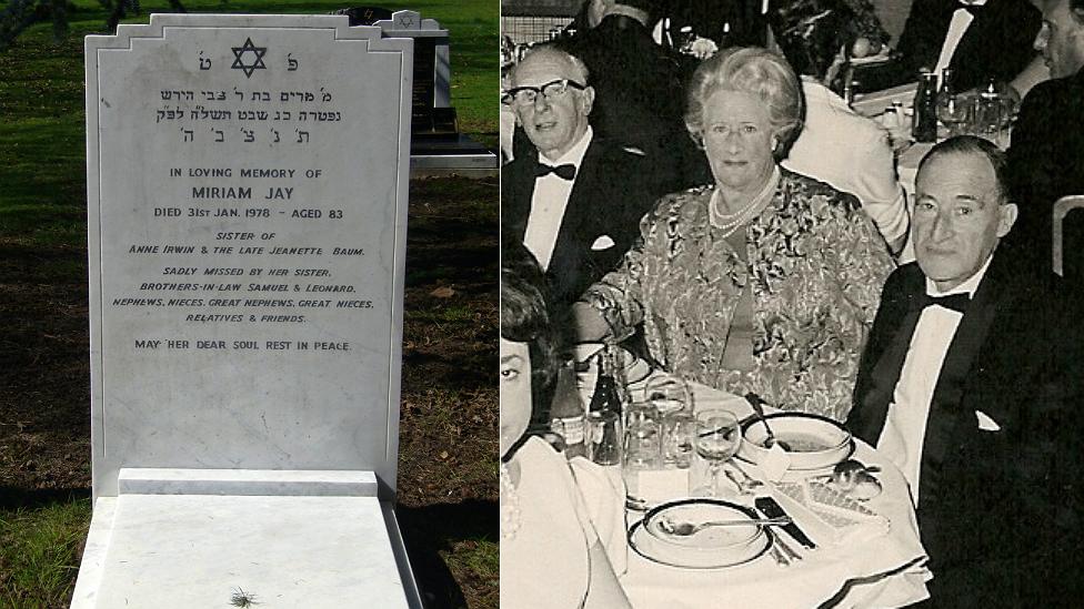 Miriam Jay's gravestone and her out for dinner in the 1960s in Essex