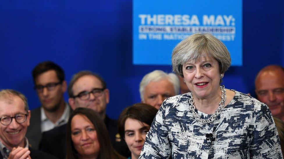 Theresa May speaks during a Conservative Party general election campaign visit