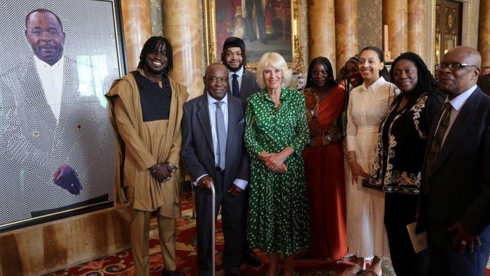 Queen Camilla meeting members of the Windrush generation and their families at Buckingham Palace