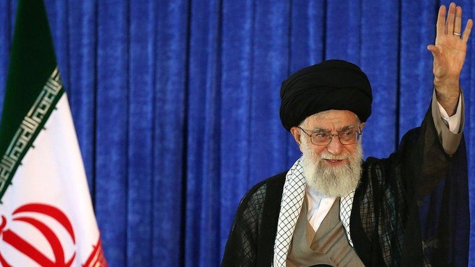 Iran's Supreme Leader Ayatollah Ali Khamenei waves after giving a speech on June 3