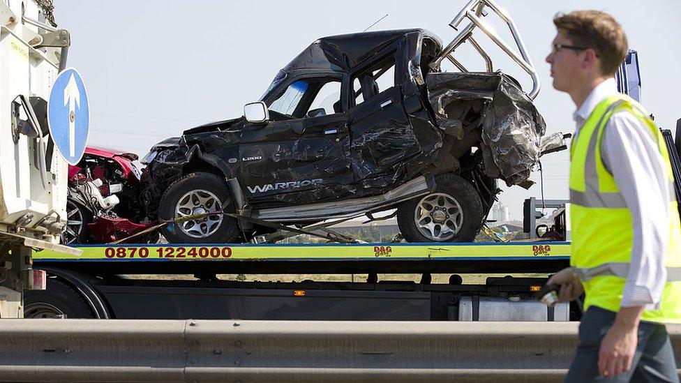 Wrecked car on a tow truck