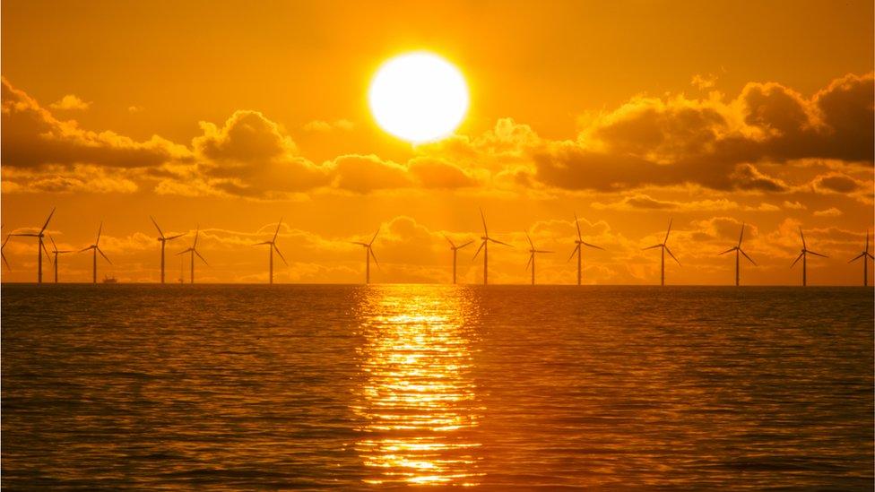 SUNSET ACROSS WIND TURBINES OUT AT SEA