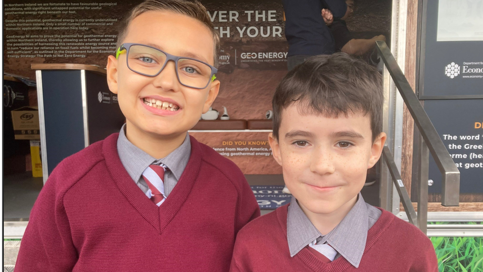 Jayden and Ion from Holy Trinity Primary School in west Belfast tried out the virtual reality headsets