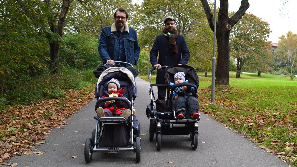 Rikard Barthon and Fredrik Casservik with their children