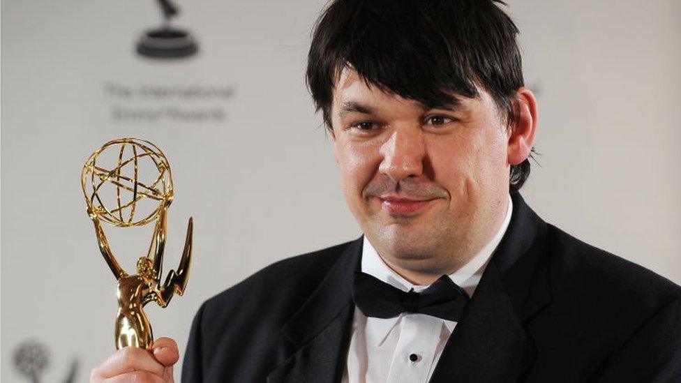 Graham Linehan with Emmy award for The IT Crowd