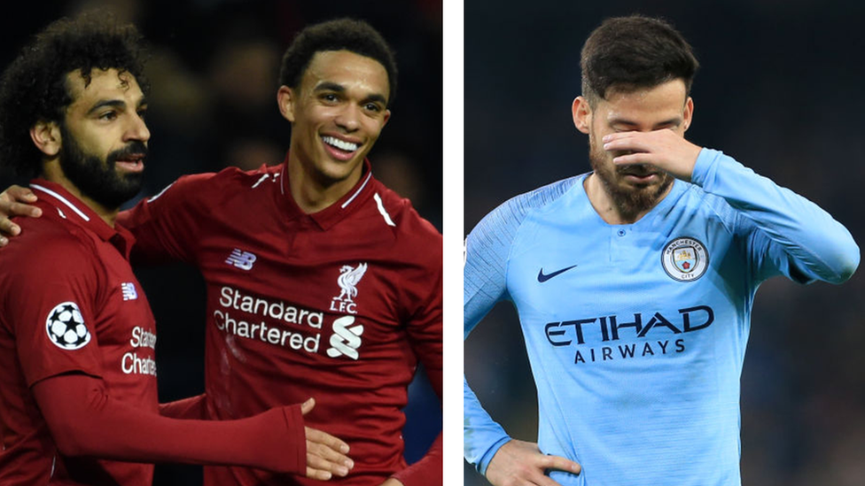 Mohammad Salah and Trent Alexander-Arnold celebrating and David Silva dejected.