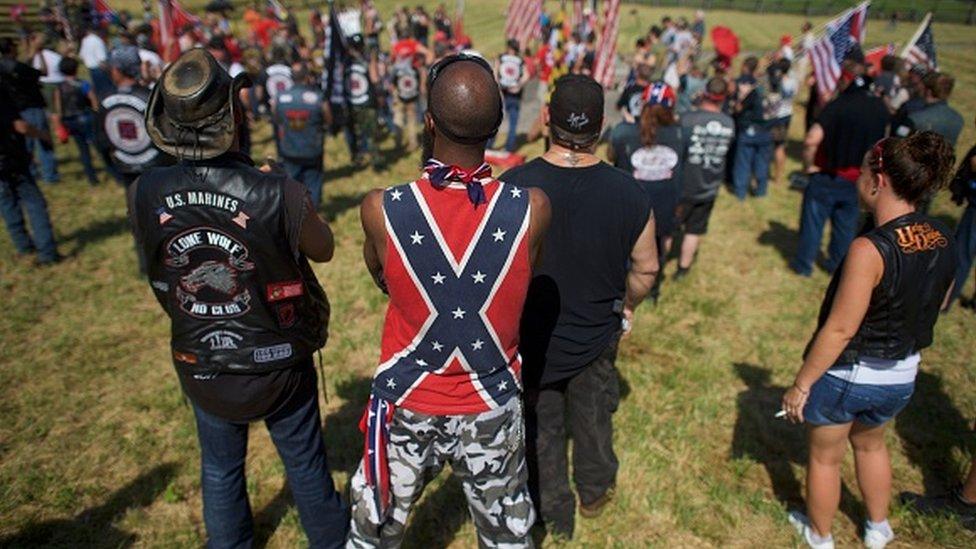 Activists with Confederate flags gather at the Gettysburg National Military Park in Gettysburg, Pennsylvania