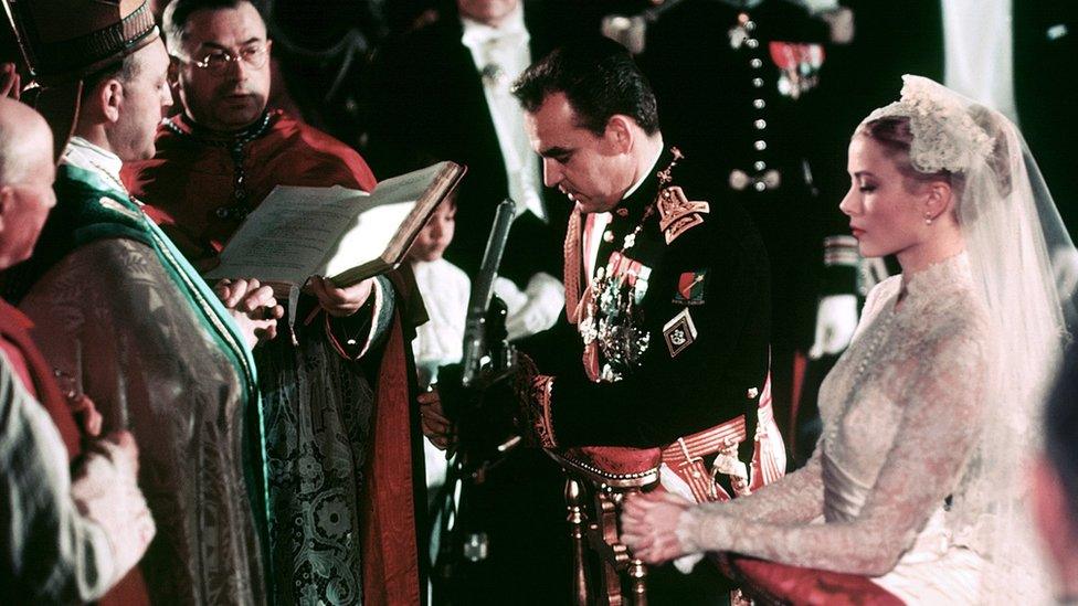 Grace Kelly and Prince Rainier at their religious ceremony in Monaco's Saint Nicholas Cathedral on April 19, 1956.