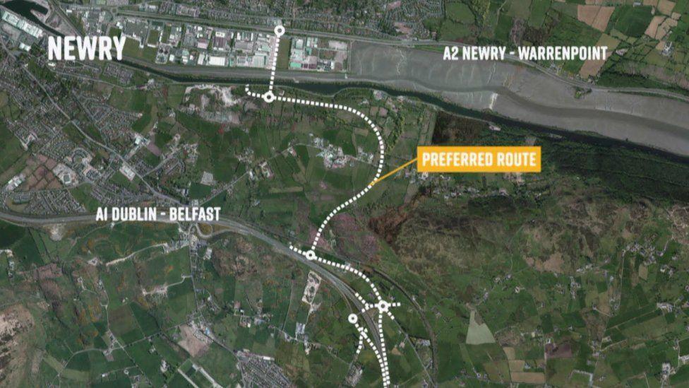 Birds eye map of the proposed road, which is shown in white dotted lines with a yellow label which says preferred route. The other labels are Newry, A1 Dublin to Belfast and A2 Newry to Warrenpoint. The preferred route links up the A1 and A2