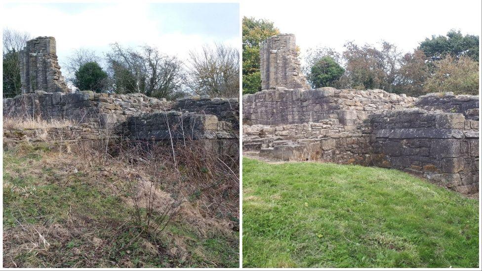 A side-by-side photograph shows the manor house before and after the restoration. The walls are covered by shrubs in the before photo.