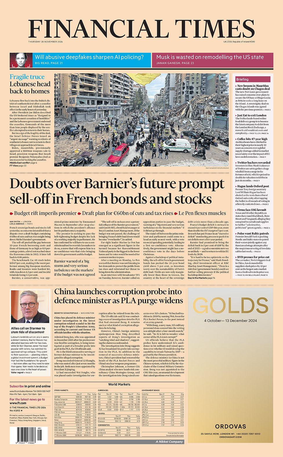 The headline in the Financial Times reads: "Doubts over Barnier's future prompt sell-off in French bonds and stock"