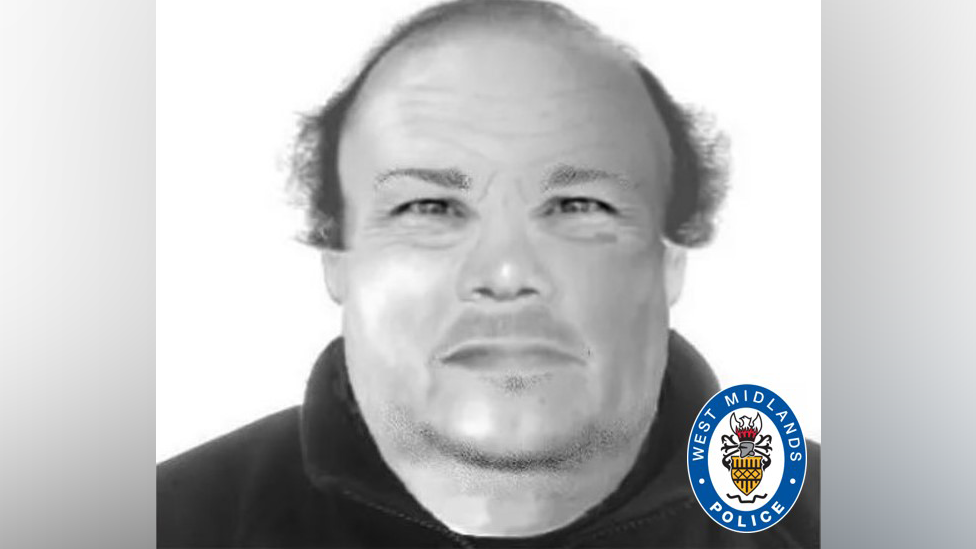 An e-fit image of a man who is balding, with short dark hair at the back of his head. His face has stubble and he is wearing a black top.