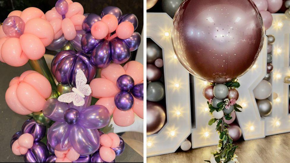Two pieces of art designed out of balloons. The image of the left shows pinks and purple balloons twisted to create a large floral arrangment, on the right is a tree like creation out of silver and bronze coloured balloons topped with a larger balloon