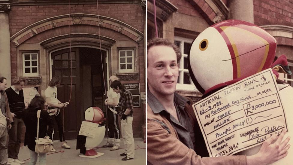 Photos of students with Fat Puffin in 1984. They have long 80s hair and most are dressed in brown colours fashionable at the time. One photo shows a mock-up cheque paying £3,000,000 to get Fat Puffin back.