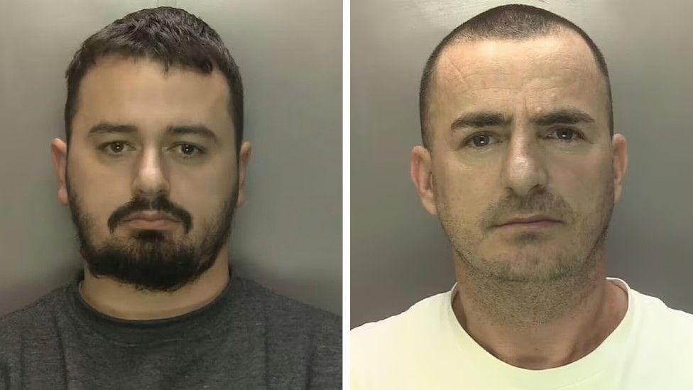 A composite of two mugshots - the man on the left has black hair and black facial hair and is wearing a grey top. The man on the right is bald and is wearing a white shirt.