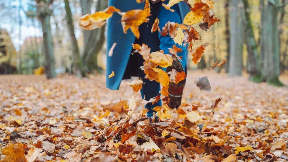 A person in a blue coat and trousers, pictured from the waist down, running through brown fallen leaves which are being thrown up in the air