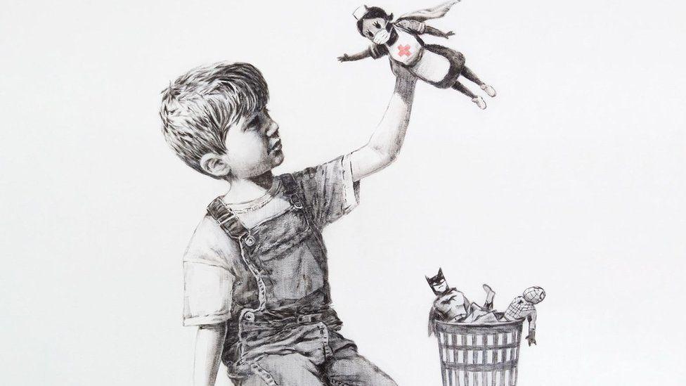 A painting by Banksy that shows a child playing with a superhero nurse toy