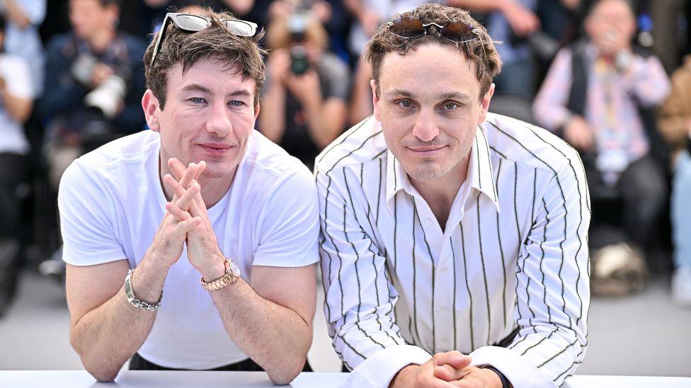 Barry Keoghan and Franz Rogowski attend the "Bird" Photocall at the 77th annual Cannes Film Festival at Palais des Festivals on May 17, 2024 in Cannes, France