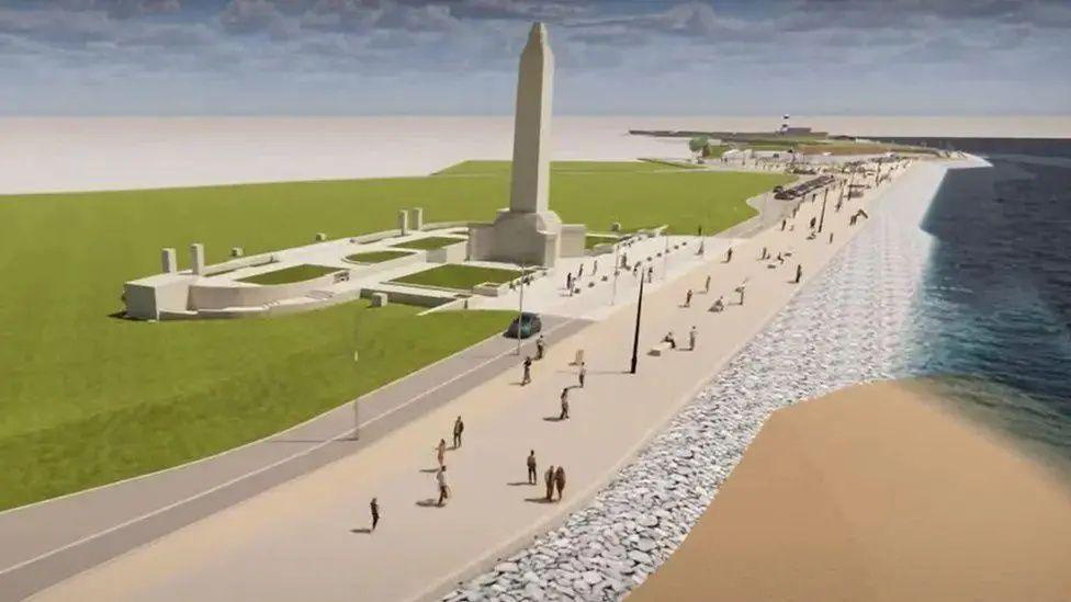 A computer generated image of the completed coastal defence scheme with the promenade and the war memorial visible