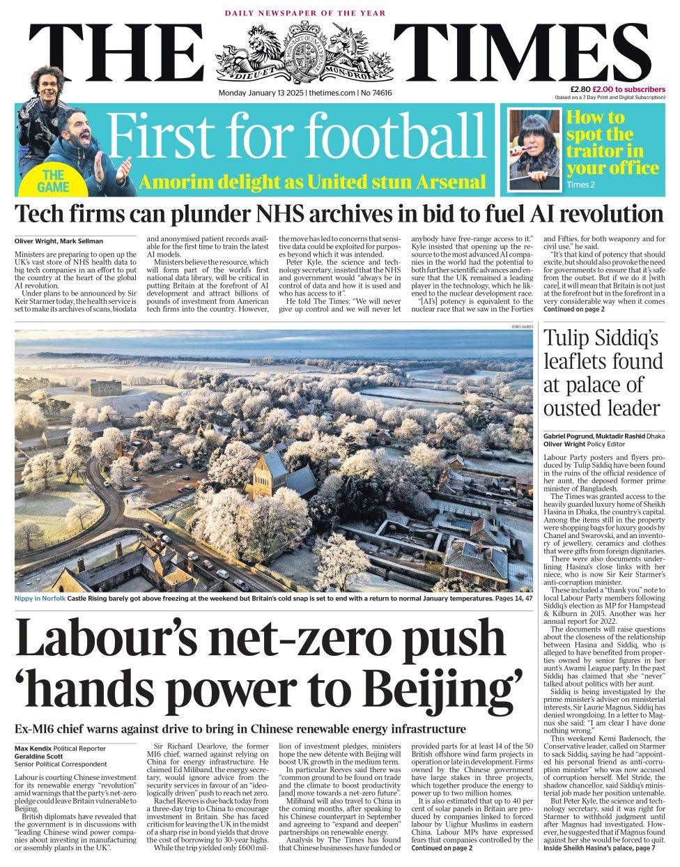 The headline in The Times reads: Labour's net-zero push 'hands power to Beijing'