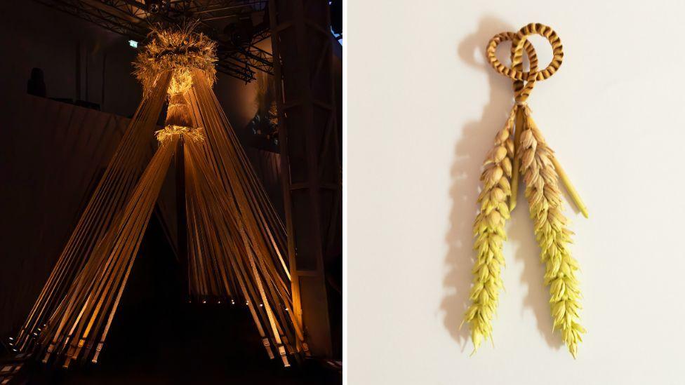 On the left it shows a large, dark room featuring the set of the show in Paris. Hessian ribbons tied to the ground come to a point, topped with the handmade straw maypole toppers to make a tepee-style structure. On the right is a harvest knot on a plain background showing its intricate and delicate plaiting of two wheat strands, tied into a knot.