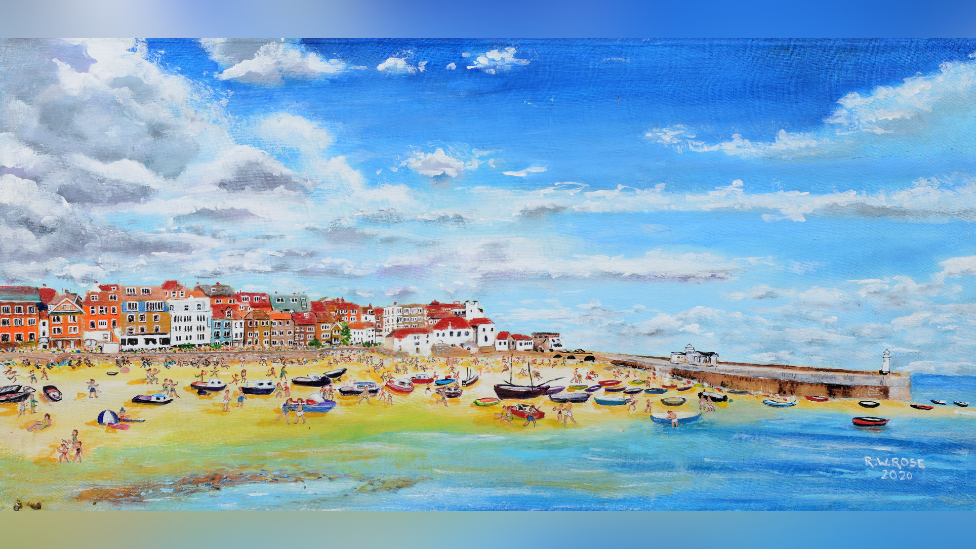 Colourful painting of St Ives beach and town by Robert Rose