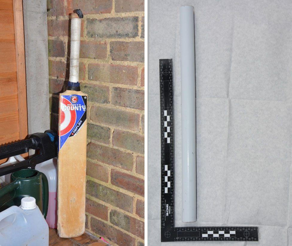 A composite image of a wooden cricket bat and a white metal pole, which was part of a high chair.

