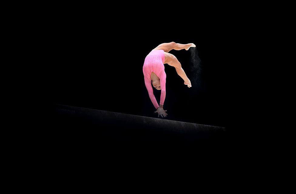 Frances Stone of Amber Valley Gym Club competes on the beam during the Women's Artistic Senior Finals at M&S Bank Arena on 23 March in Liverpool, England.